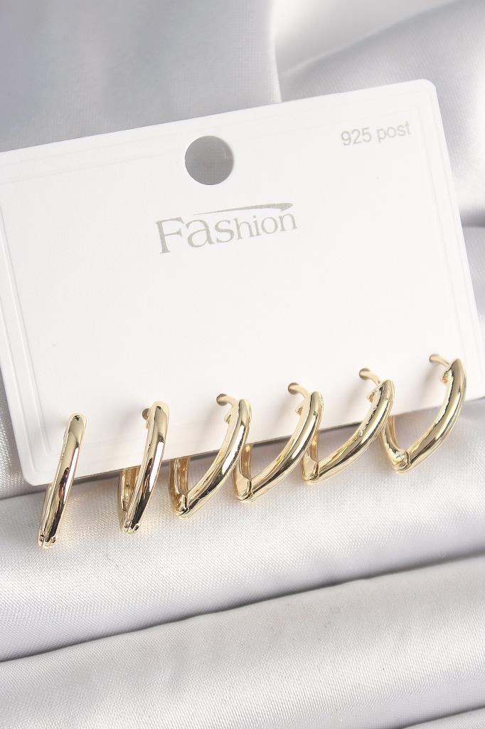 925 Ayar  Çivi Pirinç Gold Renk Üçgen Model Kadın Küpe Seti - Bkp10415 (8585)