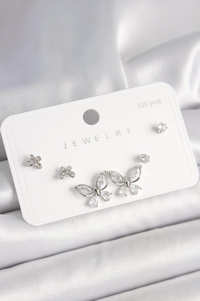 925 Ayar  Çivi Pirinç  Renk Zirkon Taşlı Kelebek Model Kadın Küpe Seti - Bkp10394 (8585)