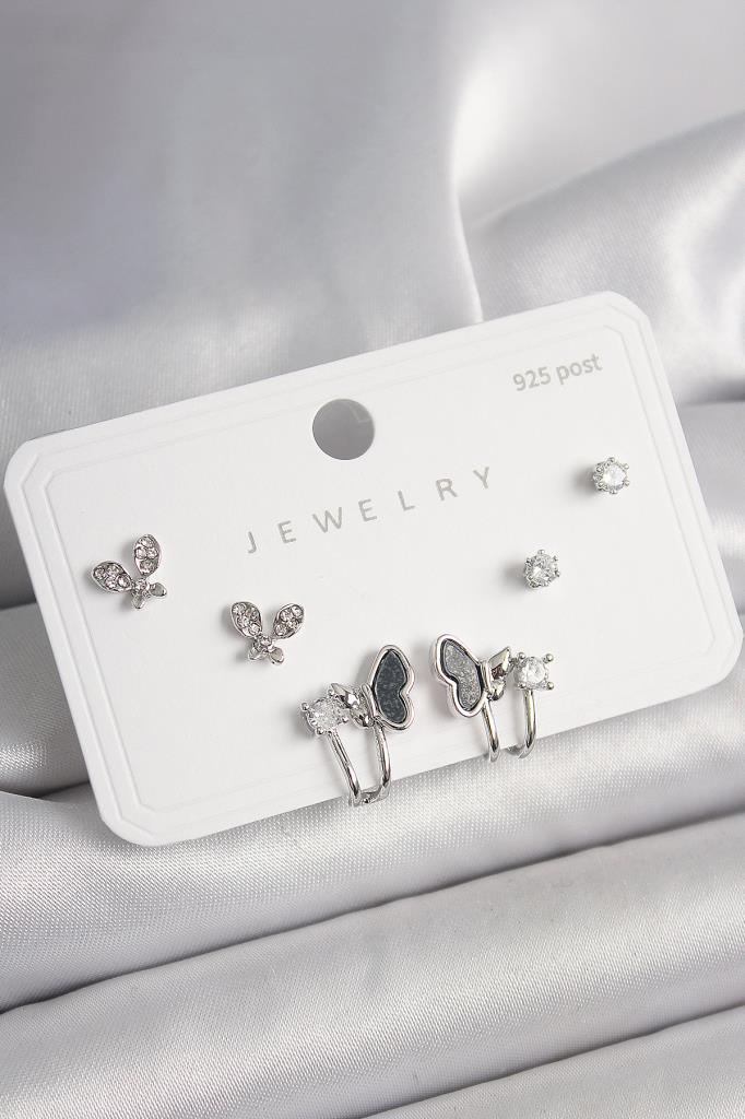 925 Ayar  Çivi Pirinç  Renk Zirkon Taşlı Kelebek Model Kadın Küpe Seti - Bkp10404 (8585)