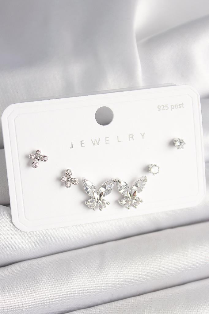 925 Ayar  Çivi Pirinç Zirkon Taşlı Kelebek Model Kadın Küpe Seti - Bkp10402 (8585)