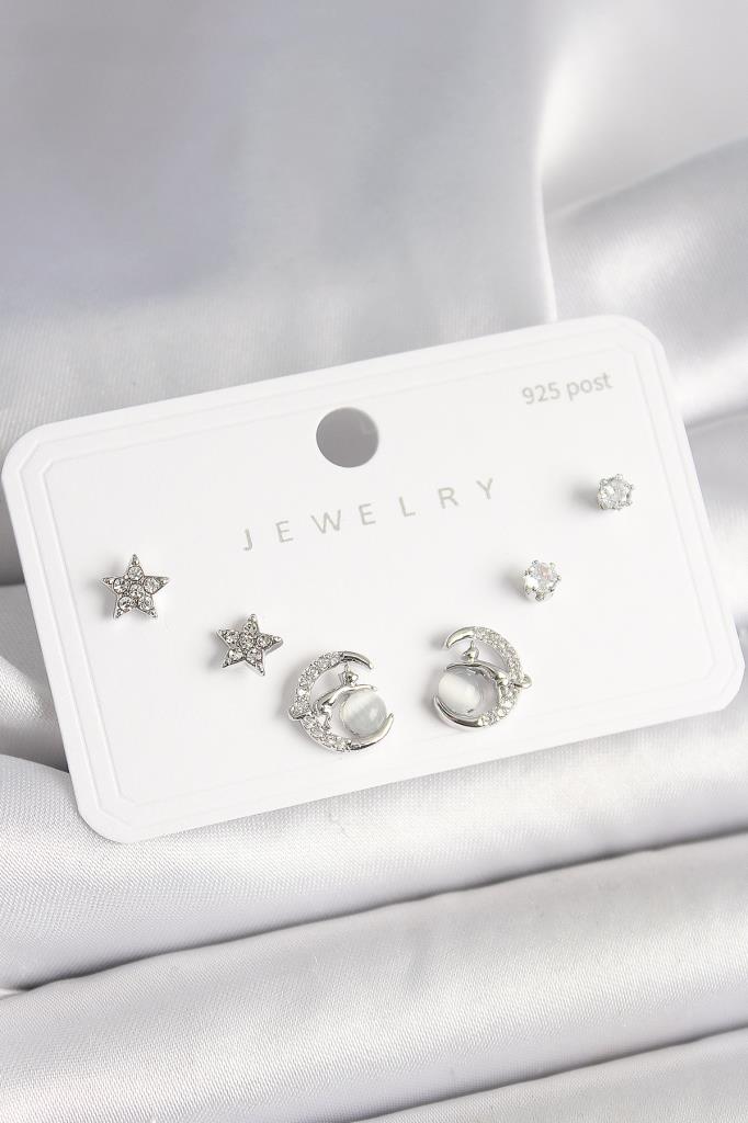 925 Ayar  Çivi Zirkon Taşlı Hilal Yıldız Model Kadın Küpe Seti - Bkp10398 (8585)