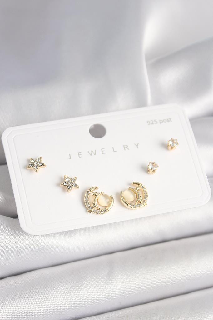 925 Ayar  Çivi Zirkon Taşlı Hilal Yıldız Model Kadın Küpe Seti - Bkp10399 (8585)