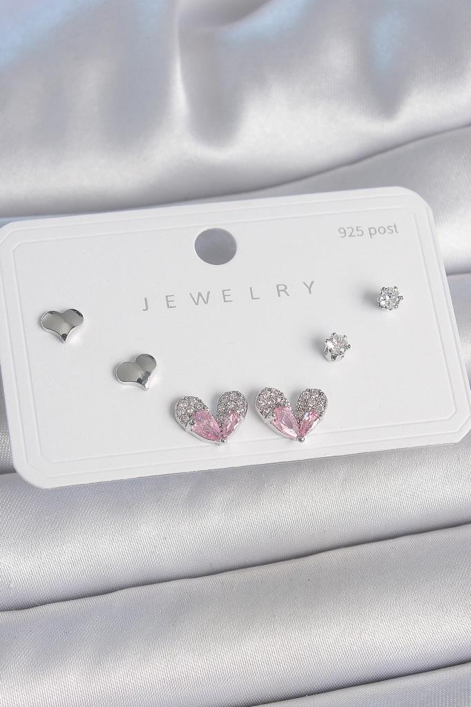 Pirinç  Renk Pembe Zirkon Taşlı Kalp Model 925 Ayar  Çivi Kadın Küpe Seti - Bkp10493 (8585)