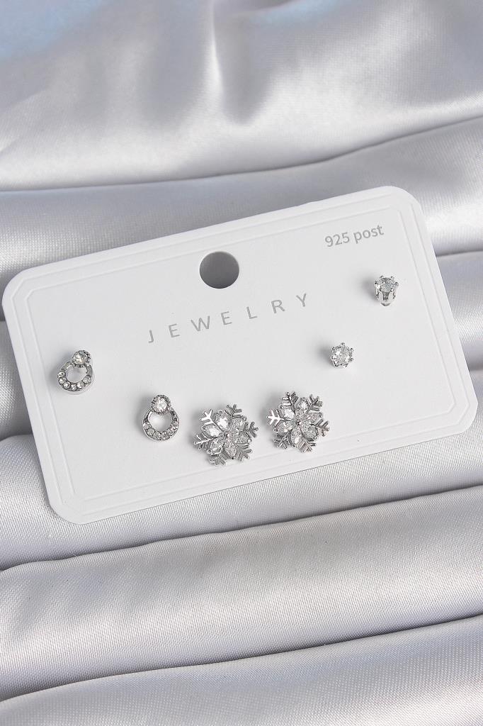 Pirinç  Renk Zirkon Taşlı Kar Tanesi Model 925 Ayar  Çivi Kadın Küpe Seti - Bkp10483 (8585)