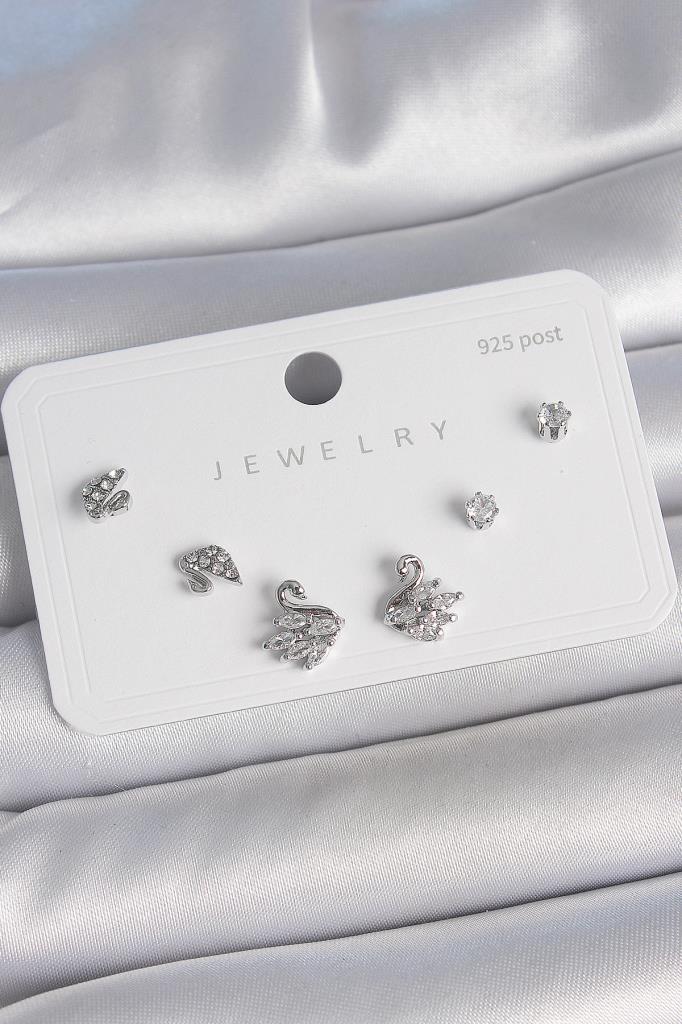 Pirinç  Renk Zirkon Taşlı Kuğu Model 925 Ayar  Çivi Kadın Küpe Seti - Bkp10481 (8585)